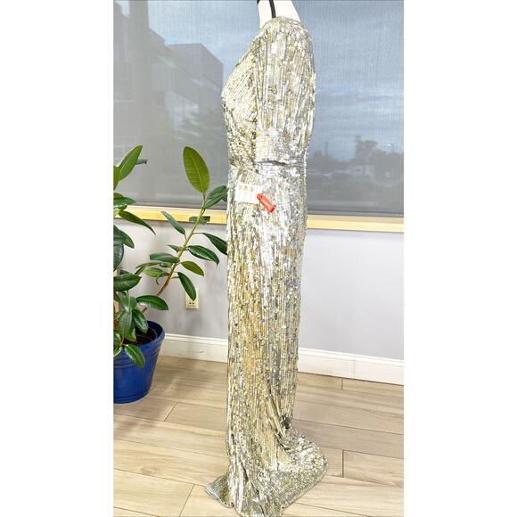 Mac Duggal Platinum Gold Silver Sequined V Neck Gown Dress Size 10 4707 - Picture 5 of 8